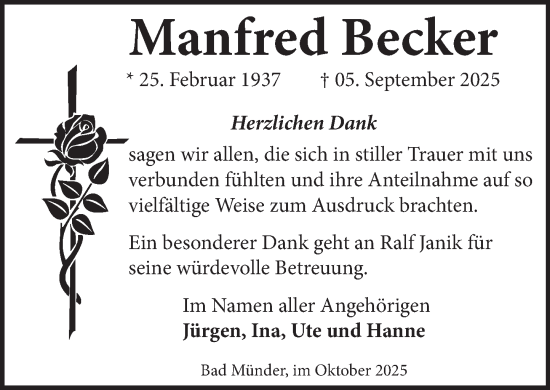 Traueranzeige von Manfred Becker von Neue Deister-Zeitung
