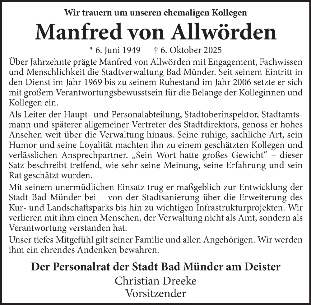  Traueranzeige für Manfred von Allwörden vom 22.10.2025 aus Neue Deister-Zeitung