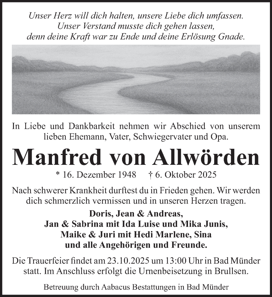  Traueranzeige für Manfred von Allwörden vom 18.10.2025 aus Neue Deister-Zeitung