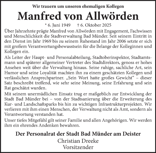 Traueranzeige von Manfred von Allwörden von Neue Deister-Zeitung