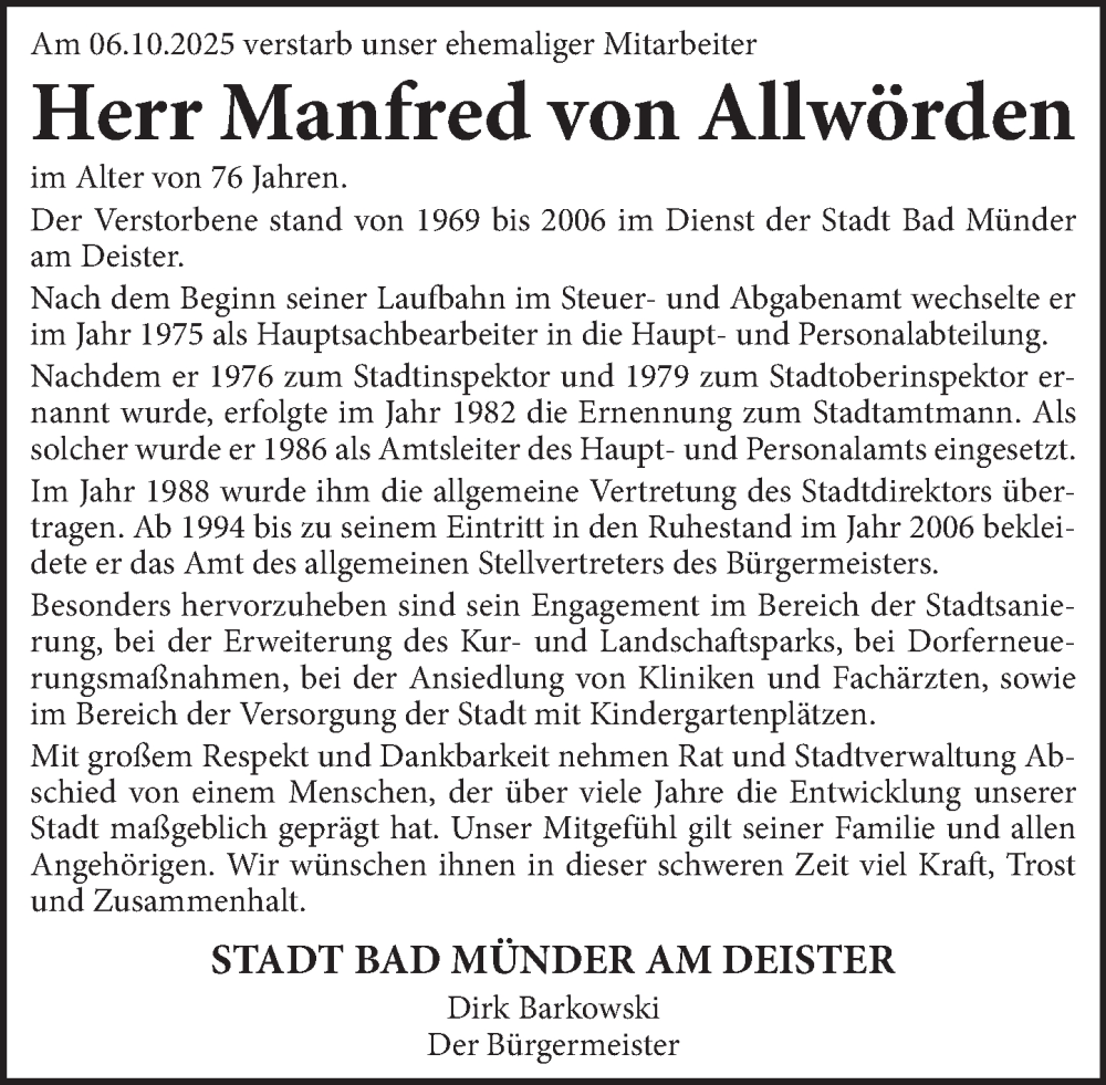  Traueranzeige für Manfred von Allwörden vom 18.10.2025 aus Neue Deister-Zeitung