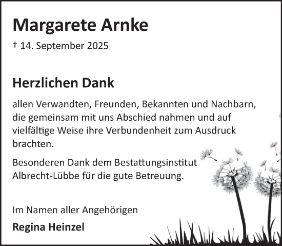 Traueranzeige von Margarete Arnke von Deister- und Weserzeitung