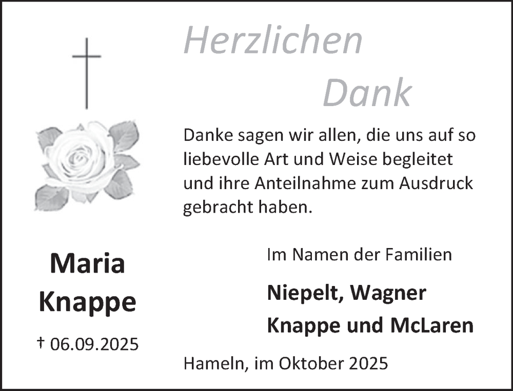  Traueranzeige für Maria Knappe vom 18.10.2025 aus Deister- und Weserzeitung