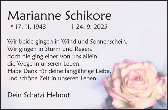 Traueranzeige von Marianne Schikore von Deister- und Weserzeitung