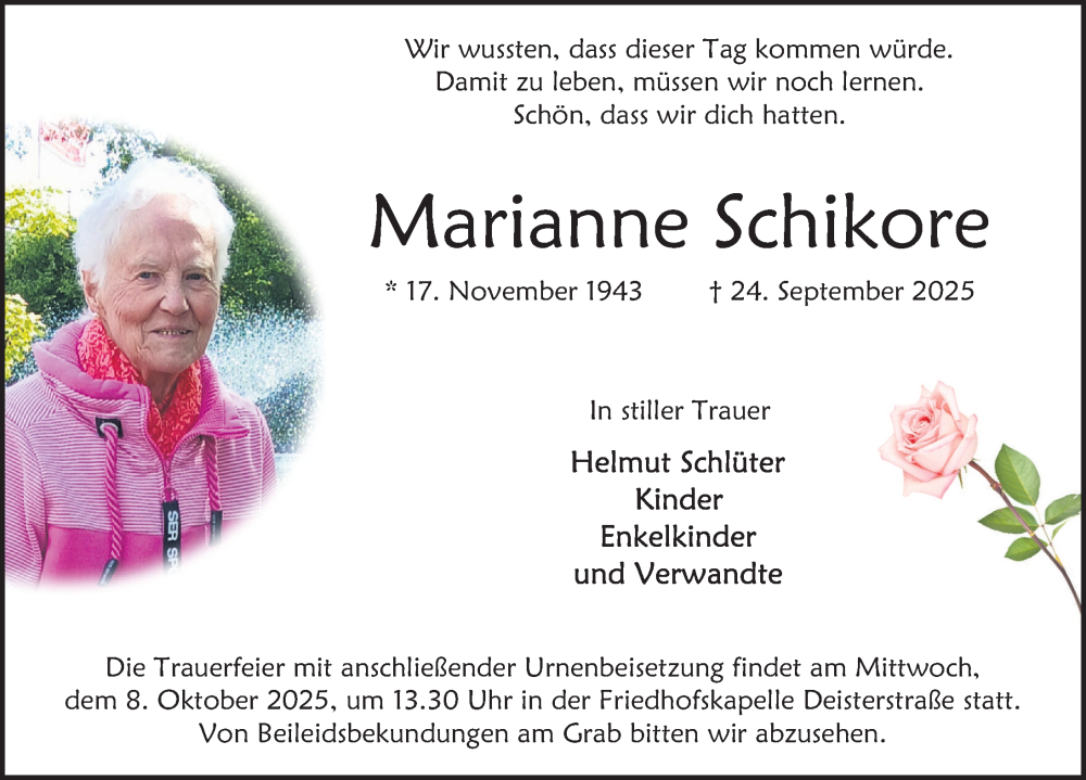  Traueranzeige für Marianne Schikore vom 04.10.2025 aus Deister- und Weserzeitung
