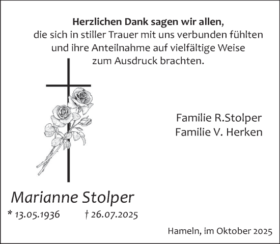 Traueranzeige von Marianne Stolper von Deister- und Weserzeitung