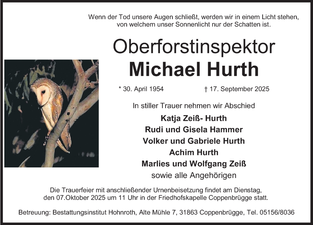  Traueranzeige für Michael Hurth vom 04.10.2025 aus Deister- und Weserzeitung