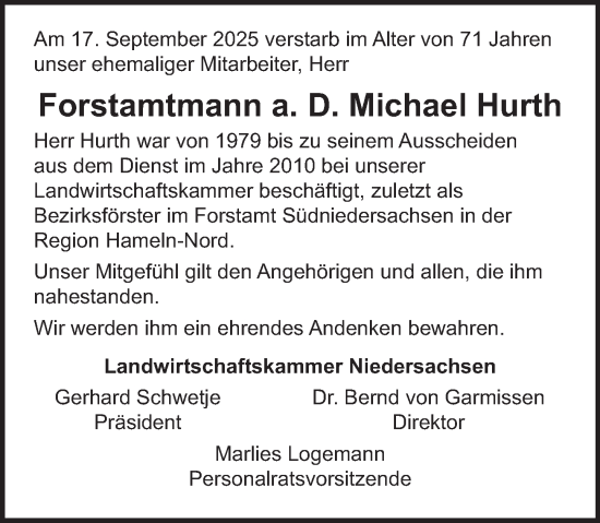 Traueranzeige von Michael Hurth von Deister- und Weserzeitung