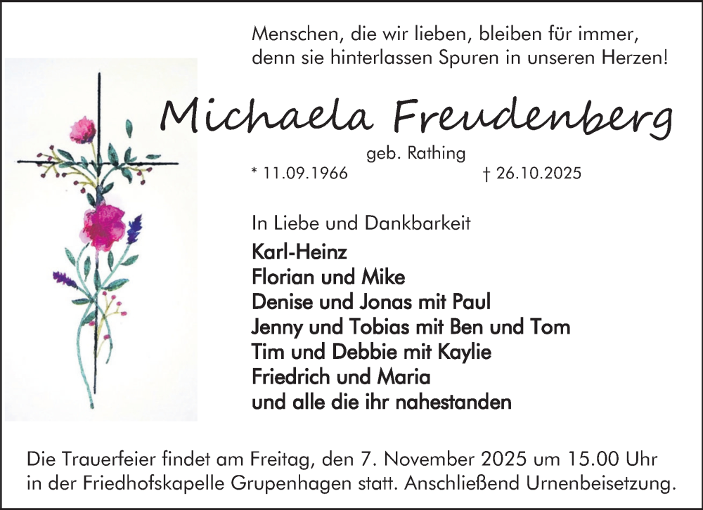  Traueranzeige für Michaela Freudenberg vom 01.11.2025 aus Deister- und Weserzeitung