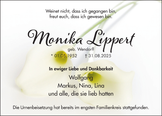 Traueranzeige von Monika Lippert von Deister- und Weserzeitung