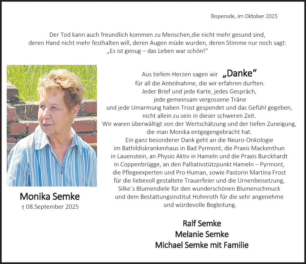  Traueranzeige für Monika Semke vom 18.10.2025 aus Deister- und Weserzeitung