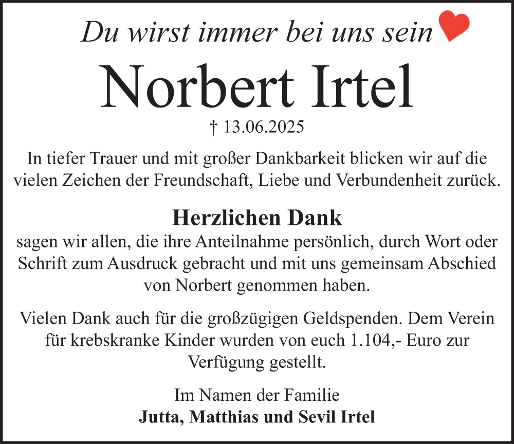  Traueranzeige für Norbert Irtel vom 01.11.2025 aus Deister- und Weserzeitung