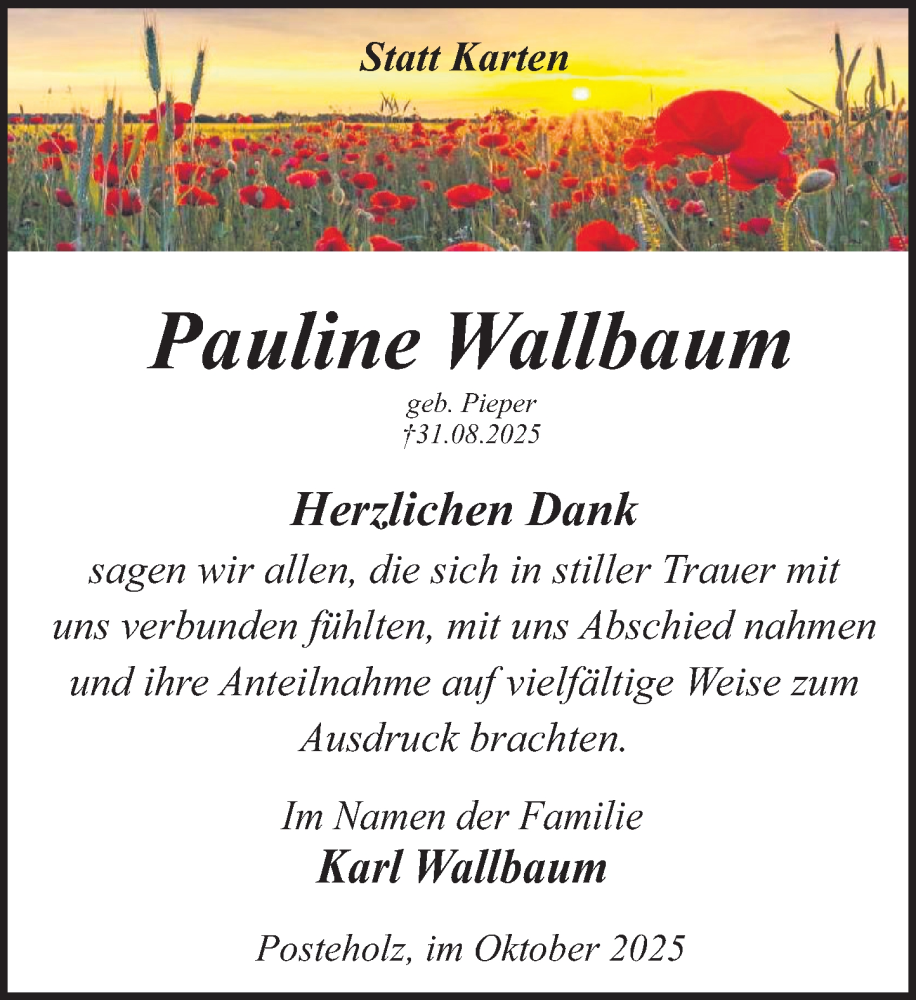 Traueranzeige für Pauline Wallbaum vom 11.10.2025 aus Deister- und Weserzeitung