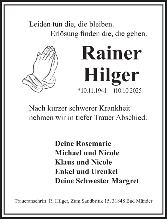 Traueranzeige von Rainer Hilger von Neue Deister-Zeitung