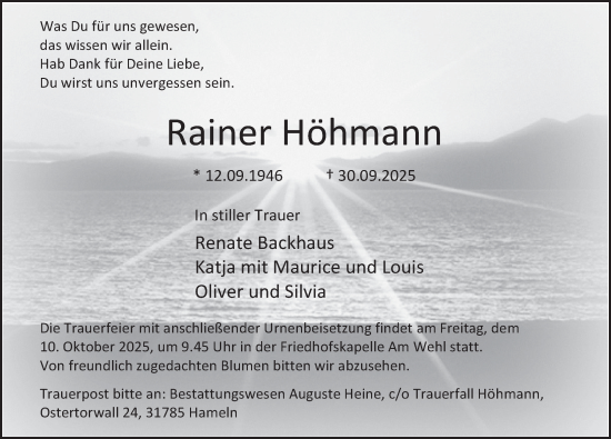 Traueranzeige von Rainer Höhmann von Deister- und Weserzeitung