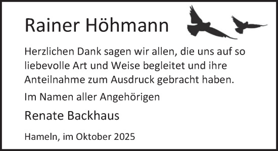 Traueranzeige von Rainer Höhmann von Deister- und Weserzeitung