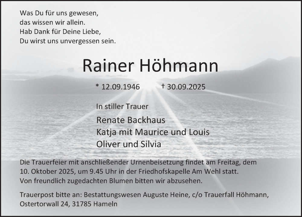  Traueranzeige für Rainer Höhmann vom 04.10.2025 aus Deister- und Weserzeitung