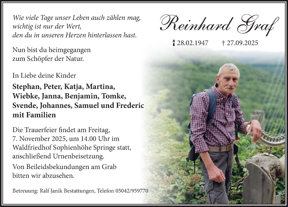  Traueranzeige für Reinhard Graf vom 25.10.2025 aus Neue Deister-Zeitung