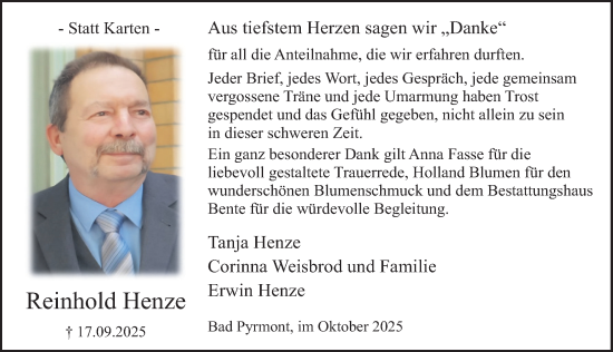 Traueranzeige von Reinhold Henze von Deister- und Weserzeitung