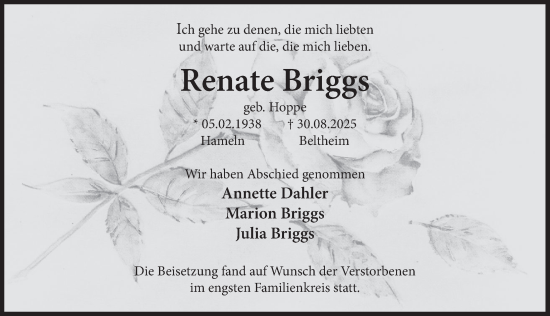 Traueranzeige von Renate Briggs von Deister- und Weserzeitung