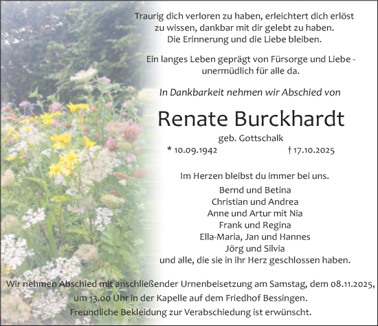 Traueranzeige von Renate Burckhardt von Deister- und Weserzeitung