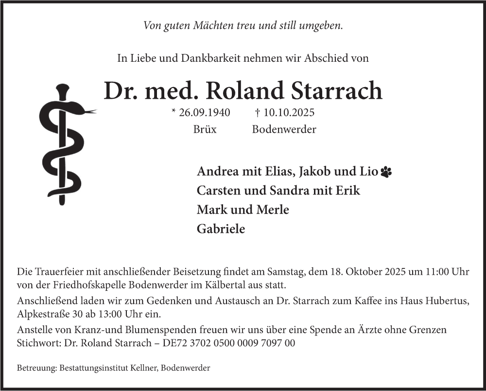 Traueranzeige für Roland Starrach vom 15.10.2025 aus Deister- und Weserzeitung