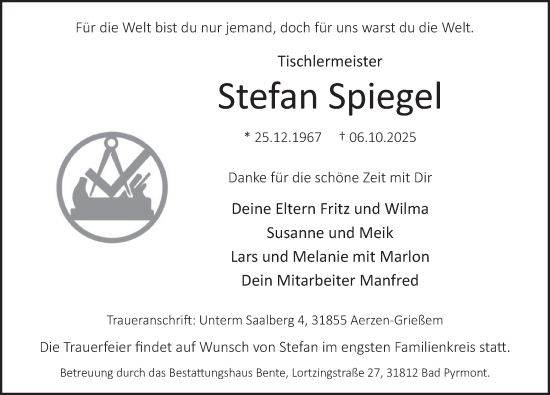 Traueranzeige von Stefan Spiegel von Deister- und Weserzeitung