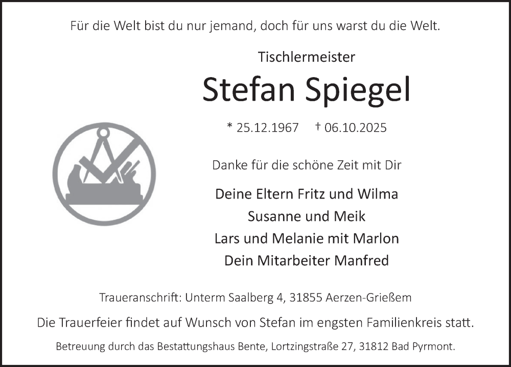  Traueranzeige für Stefan Spiegel vom 11.10.2025 aus Deister- und Weserzeitung