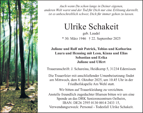 Traueranzeige von Ulrike Schakeit von Deister- und Weserzeitung