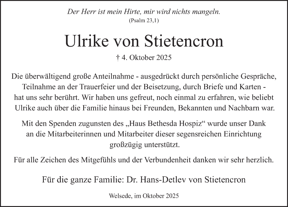  Traueranzeige für Ulrike von Stietencron vom 01.11.2025 aus Deister- und Weserzeitung