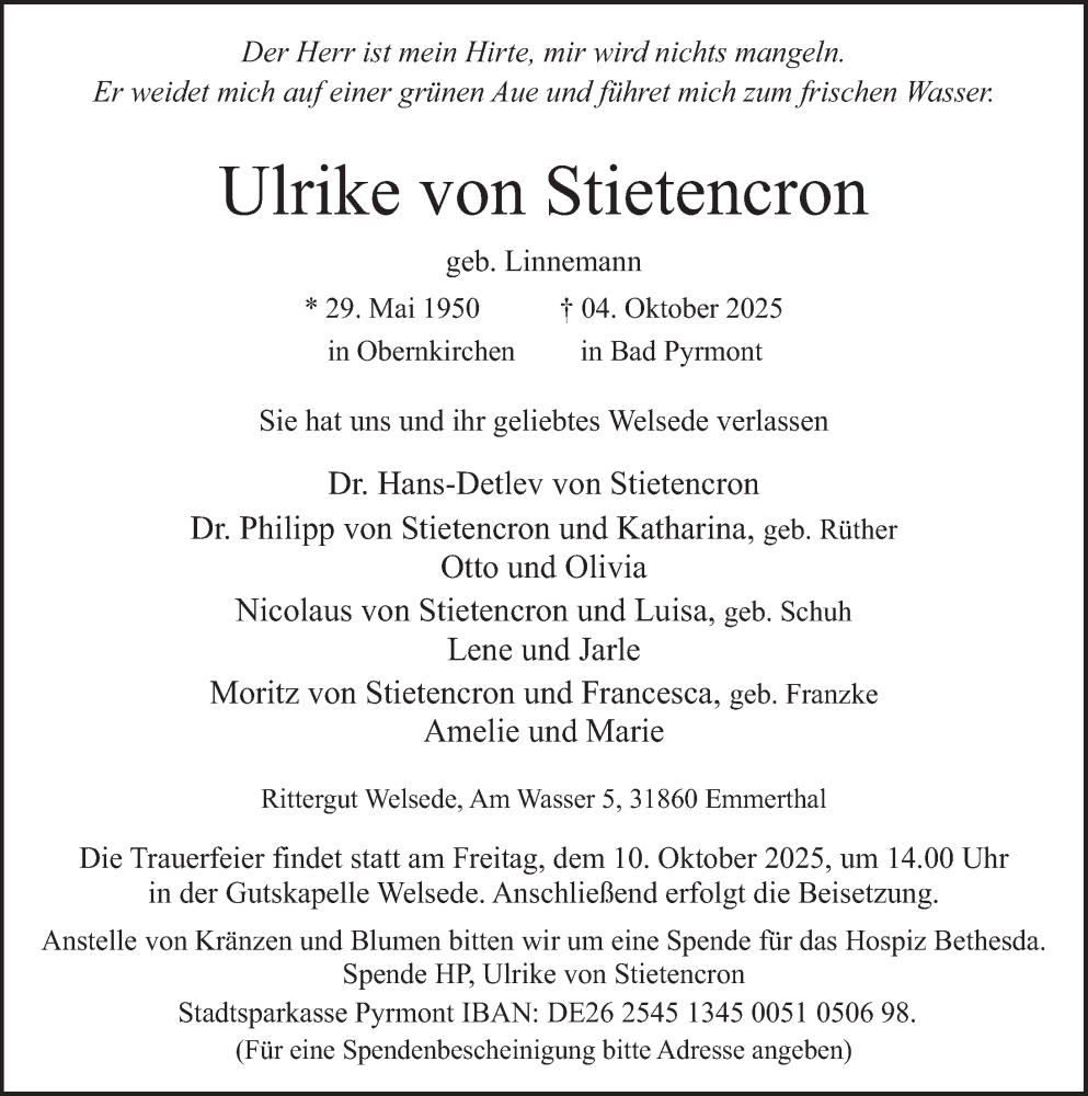  Traueranzeige für Ulrike von Stietencron vom 08.10.2025 aus Deister- und Weserzeitung