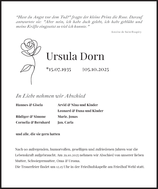 Traueranzeige von Ursula Dorn von Deister- und Weserzeitung