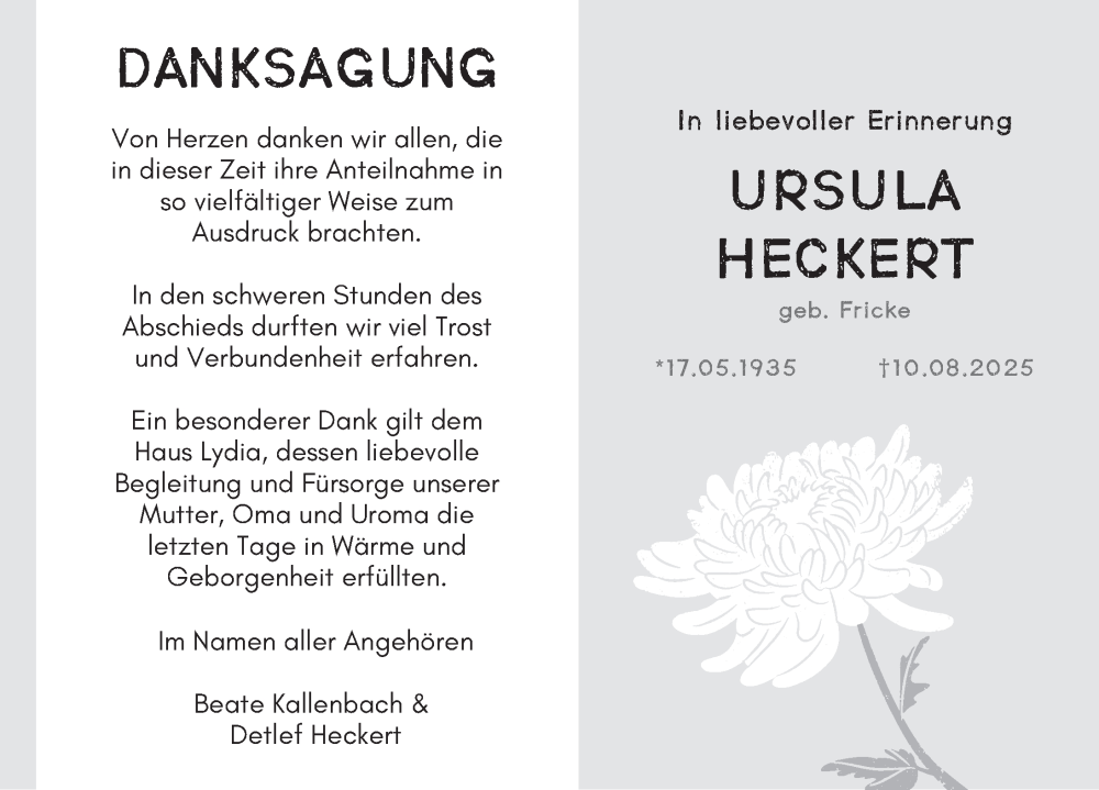  Traueranzeige für Ursula Heckert vom 11.10.2025 aus Deister- und Weserzeitung