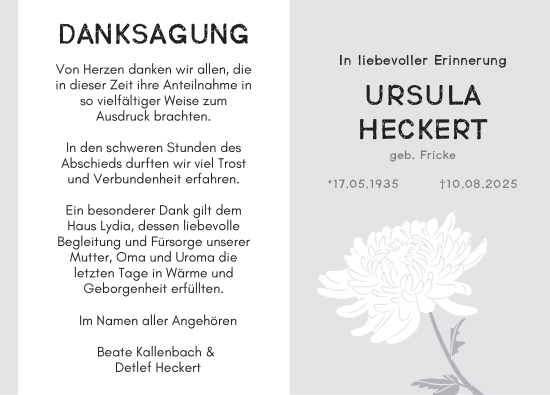 Traueranzeige von Ursula Heckert von Deister- und Weserzeitung