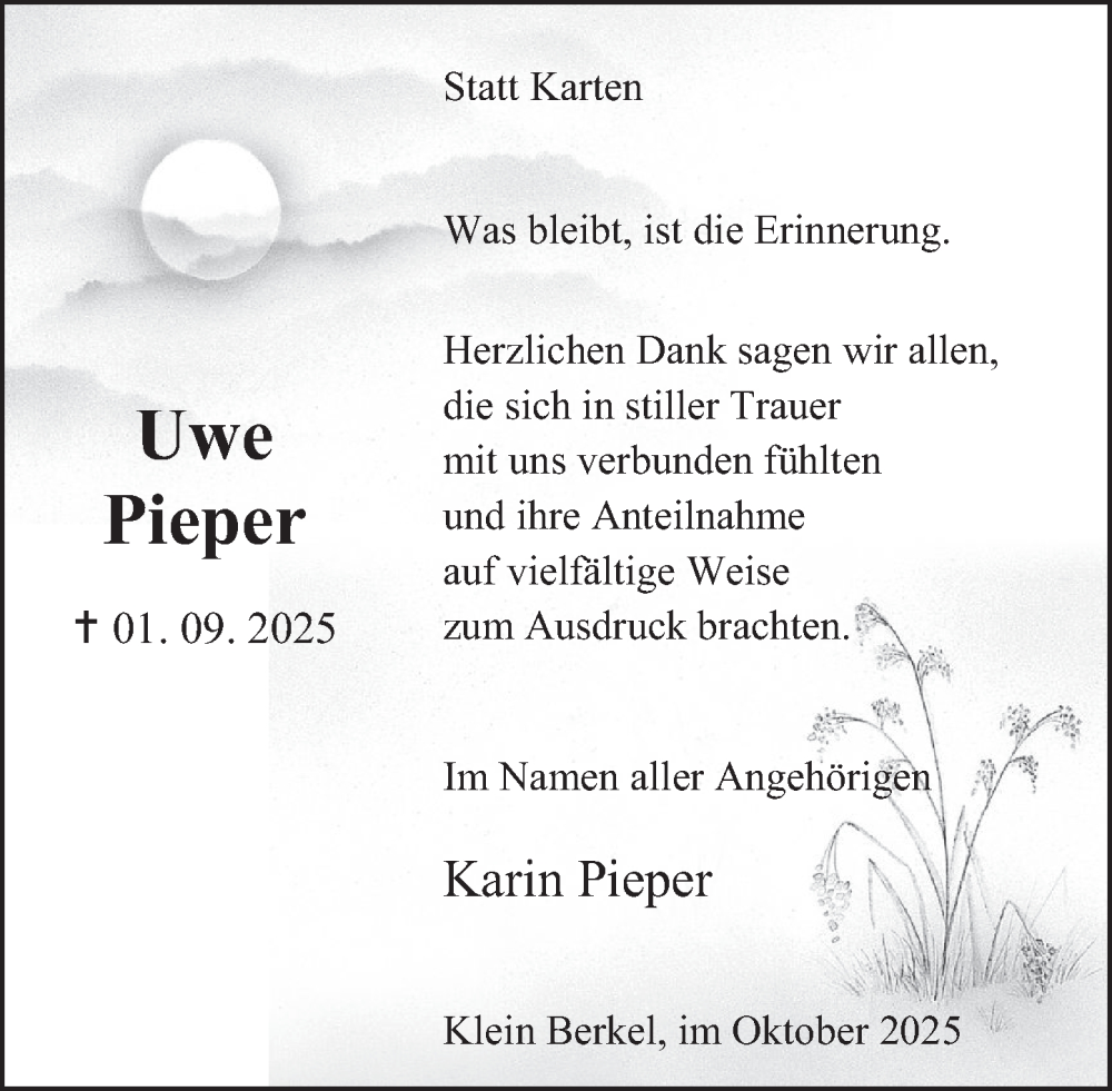  Traueranzeige für Uwe Pieper vom 11.10.2025 aus Deister- und Weserzeitung