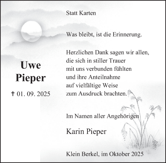 Traueranzeige von Uwe Pieper von Deister- und Weserzeitung