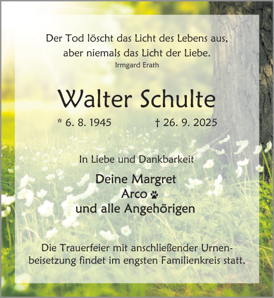 Traueranzeige von Walter Schulte von Deister- und Weserzeitung