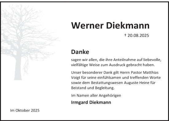 Traueranzeige von Werner Diekmann von Deister- und Weserzeitung