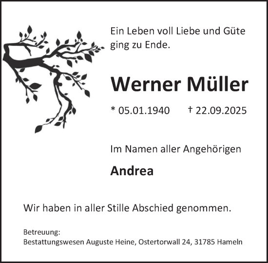 Traueranzeige von Werner Müller von Deister- und Weserzeitung
