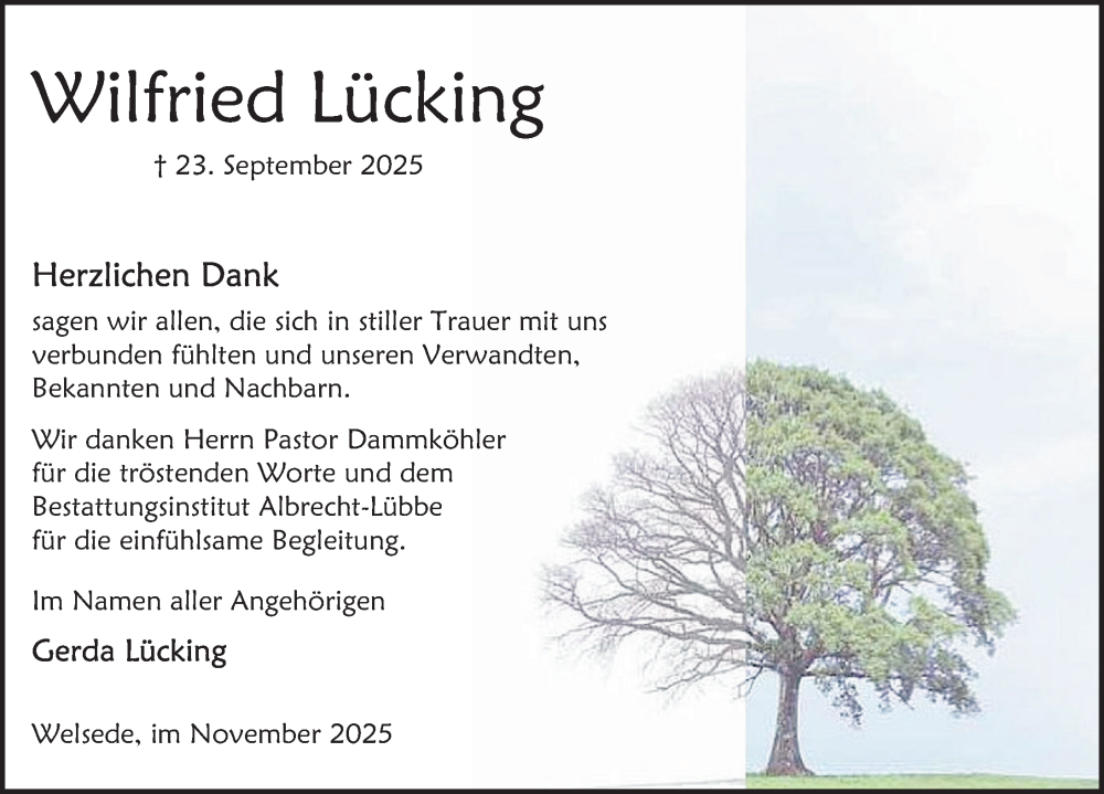  Traueranzeige für Wilfried Lücking vom 01.11.2025 aus Deister- und Weserzeitung