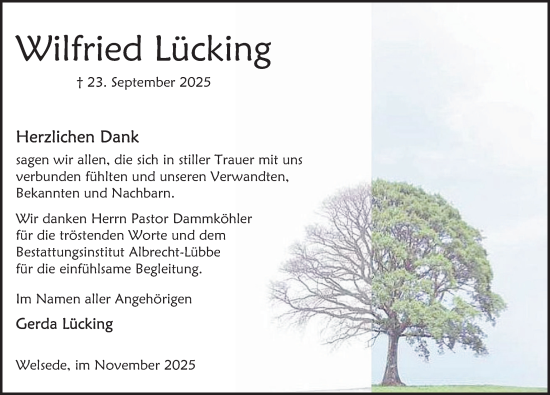 Traueranzeige von Wilfried Lücking von Deister- und Weserzeitung