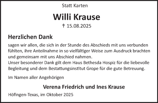 Traueranzeige von Willi Krause von Deister- und Weserzeitung