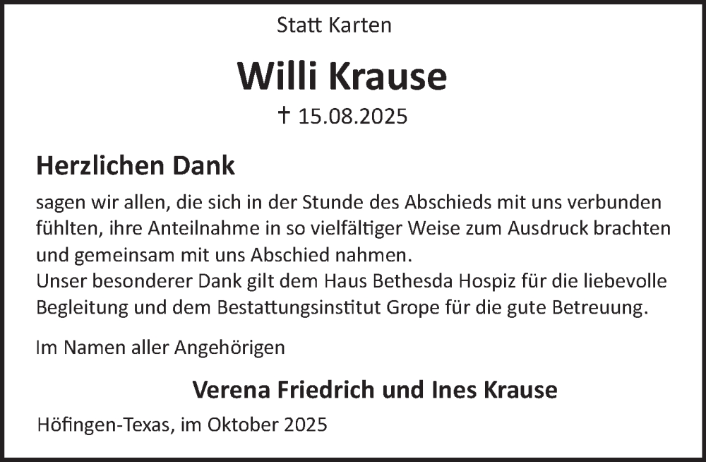  Traueranzeige für Willi Krause vom 04.10.2025 aus Deister- und Weserzeitung