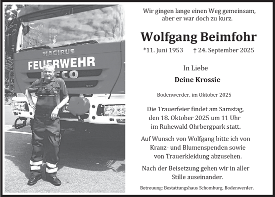 Traueranzeige von Wolfgang Beimfohr von Deister- und Weserzeitung