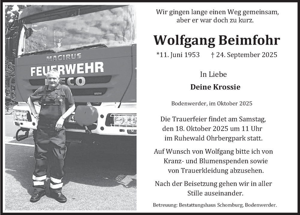  Traueranzeige für Wolfgang Beimfohr vom 11.10.2025 aus Deister- und Weserzeitung