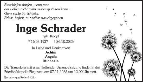 Traueranzeige von Inge Schrader von Neue Deister-Zeitung
