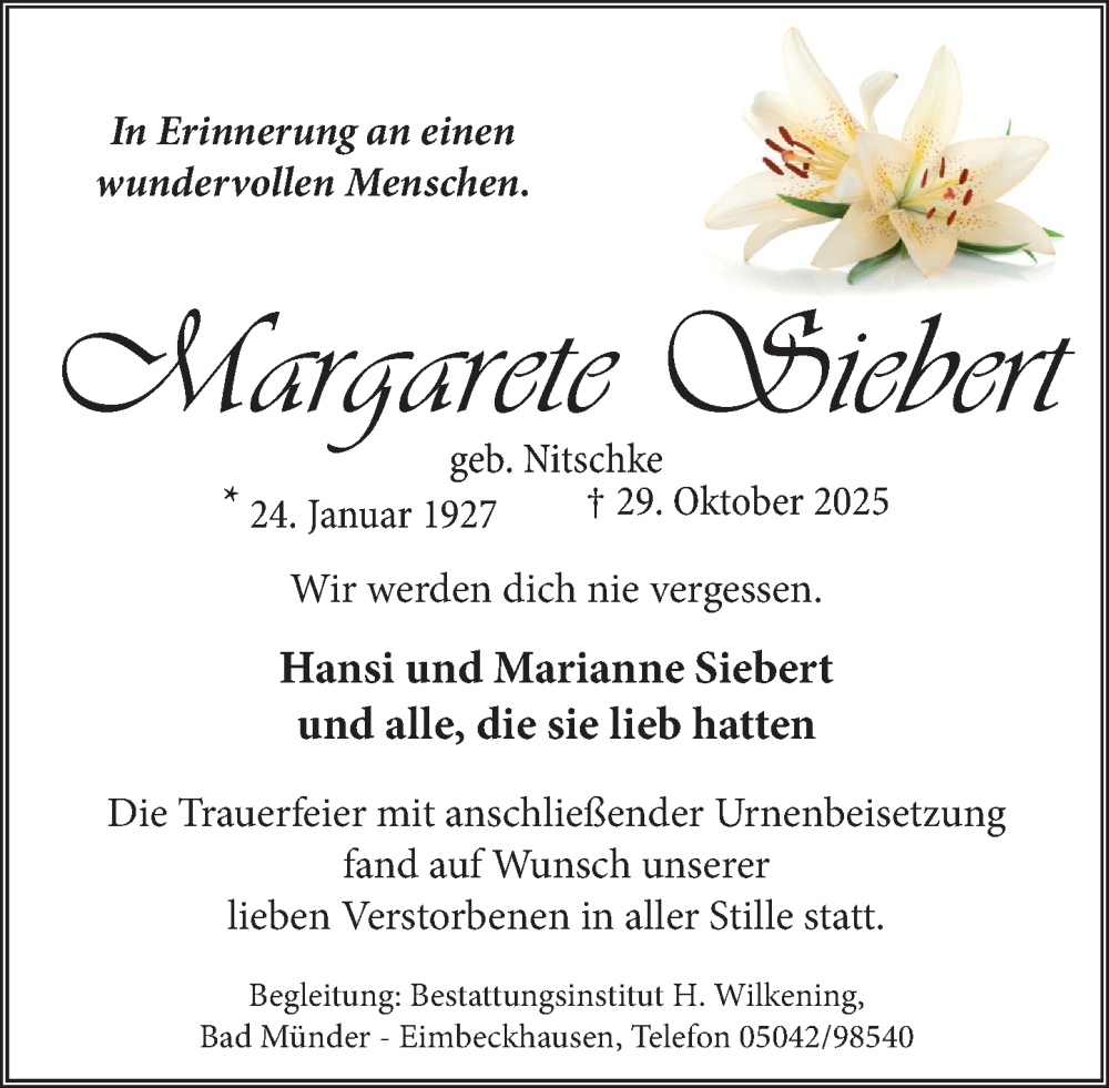  Traueranzeige für Margarete Siebert vom 22.11.2025 aus Neue Deister-Zeitung