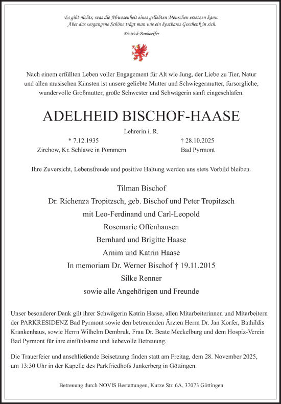 Traueranzeige von Adelheid Bischof-Haase von Deister- und Weserzeitung