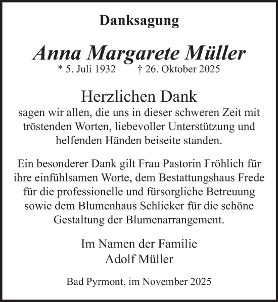 Traueranzeige von Anna Margarete Müller von Deister- und Weserzeitung