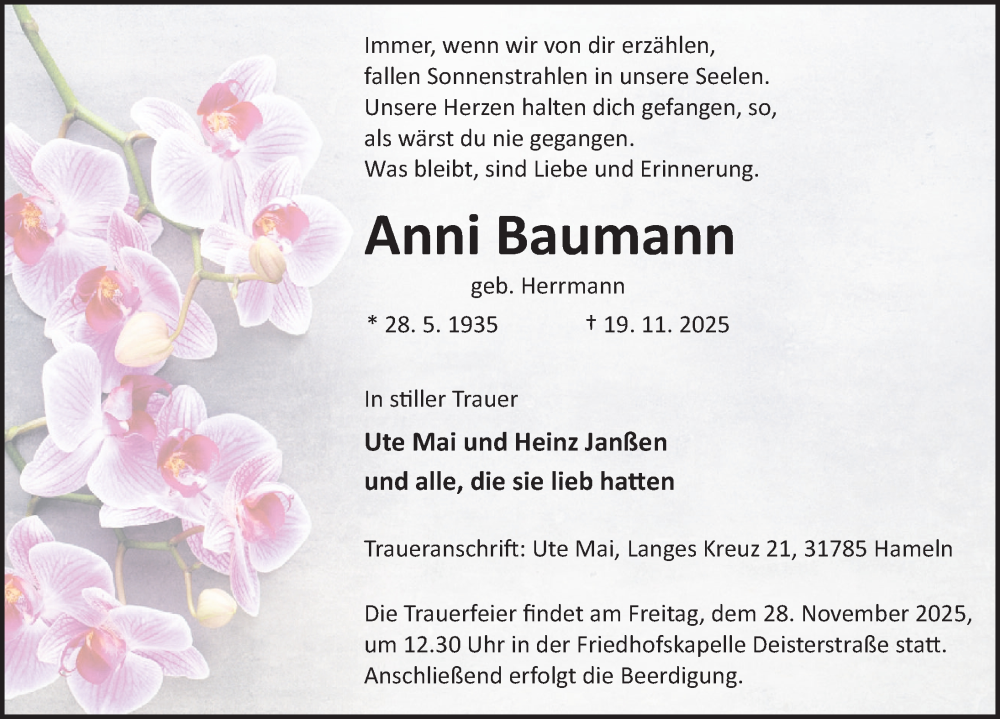  Traueranzeige für Anni Baumann vom 22.11.2025 aus Deister- und Weserzeitung